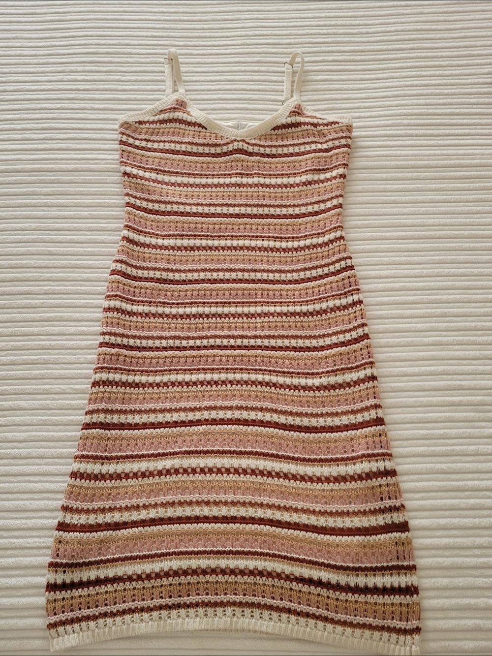 Striped Crochet Midi Dress with Spaghetti Straps - Brown & Cream